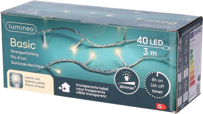 Kerstverlichting - transparant - snoer met 40 lampjes - warm wit - 300 cm
