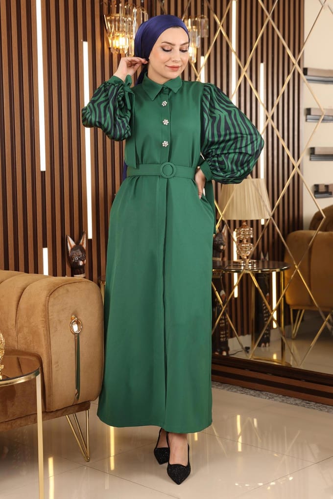 Steen Detailed Met patroon Abaya Smaragdgroen