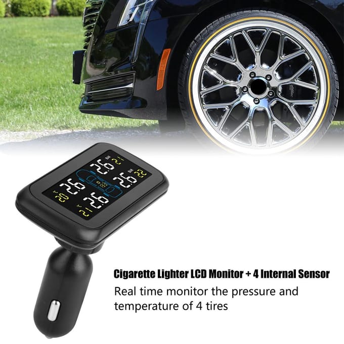 Système de Surveillance de Pression des Pneus TPMS pour Voiture LCD Prise Allume-Cigare Chargeur USB 4 Capteurs Internes black