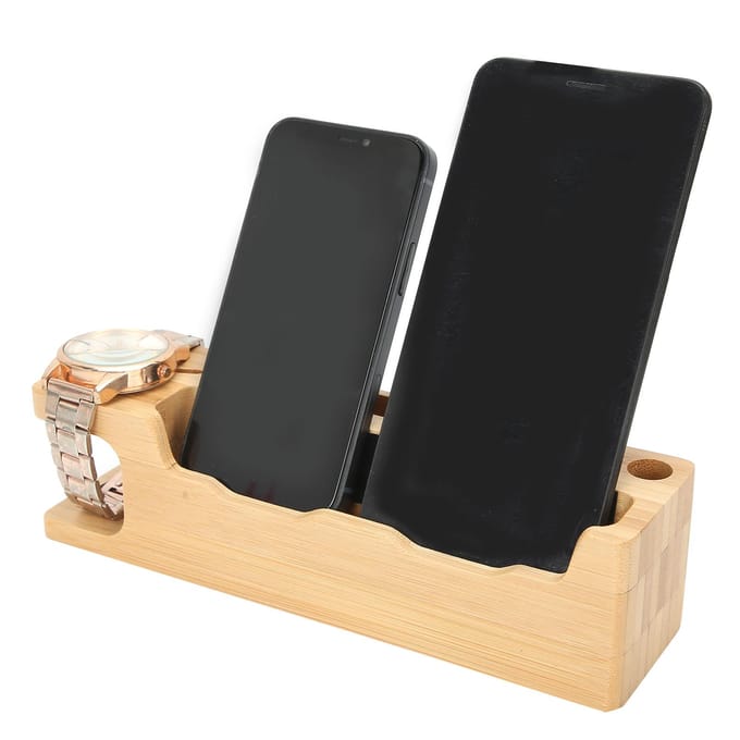 Bamboe Oplaadstandaard Houder Draagbare Desktop Oplaad Organizer voor iOS Watch Mobiele Telefoon beige