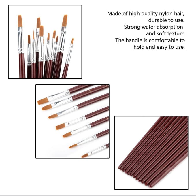 12 Pcs Pinceaux de Dessin en Poils de Nylon Rouge Vin Set d'Outils pour Peinture Artistique(appartement) brown
