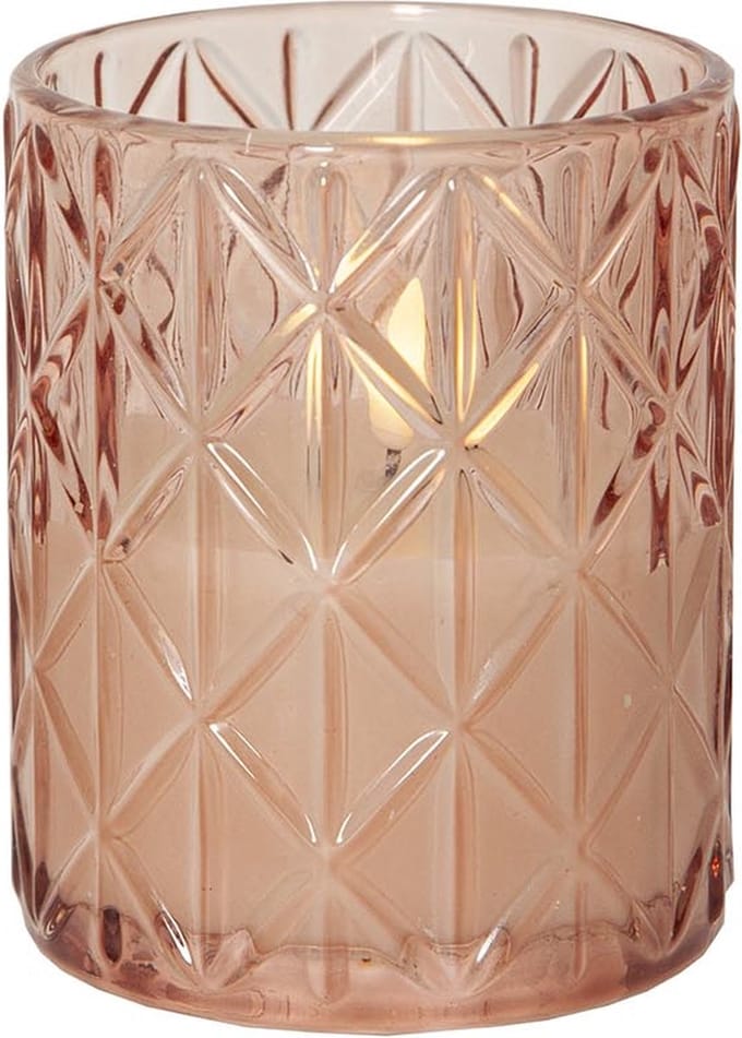 Star Trading kaarsvlam Romb, roze glazen houder, witte was, LED, timer, warm wit, 12,5 cm