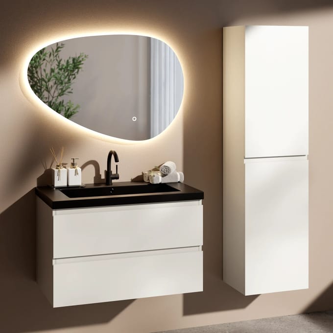 Badkamermeubelset Paris - 80cm - Glanzend wit - Wastafel Zwart