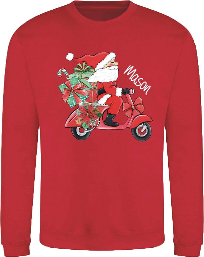 Grappige Kerst sweater met Kerstman op Scooter – Met Eigen Naam – Rood maat M – Livingstickers