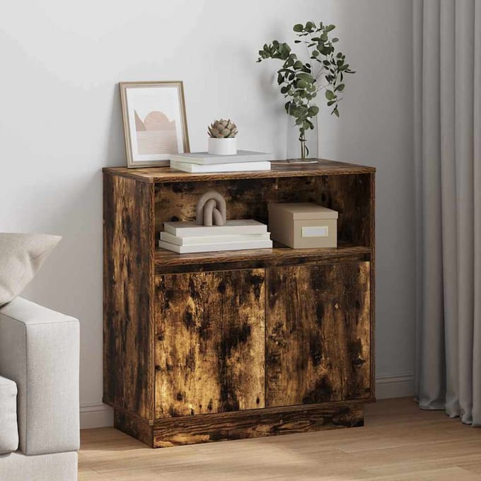 vidaXL - LED - Dressoir - Rook - Eiken - 71 - x - 34,5 - x - 75 - cm - Bewerkt - hout