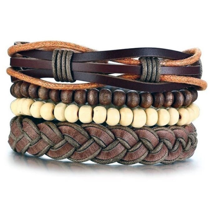 Leren armbanden Set Bruin Houten Kralen