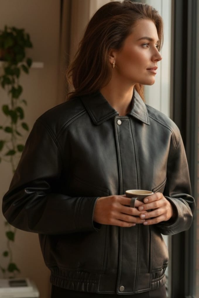 Dames zwarte leren Biker Blouson Bomber Oversized Jas - Moon