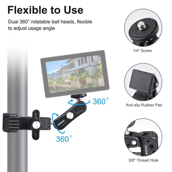 Andoer Super Clamp Mount Camerahouder Flexibele monitorhouder met dubbel 360 graden draaibaar balhoofd 1/4 zwart