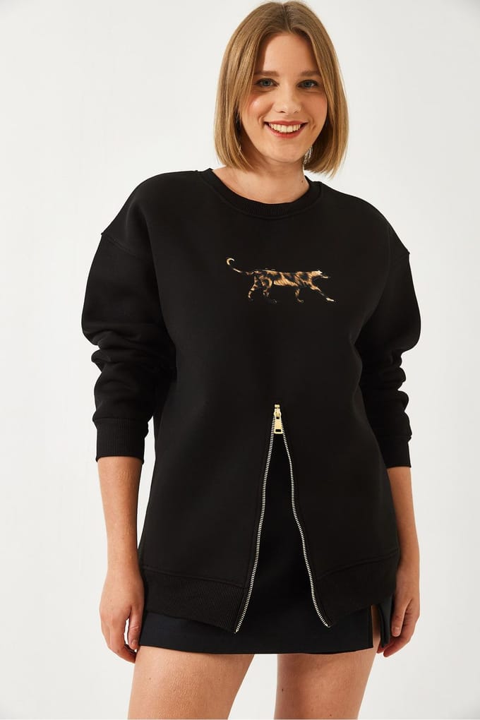 Geborduurd Sweatshirt met Rits en Ronde Hals