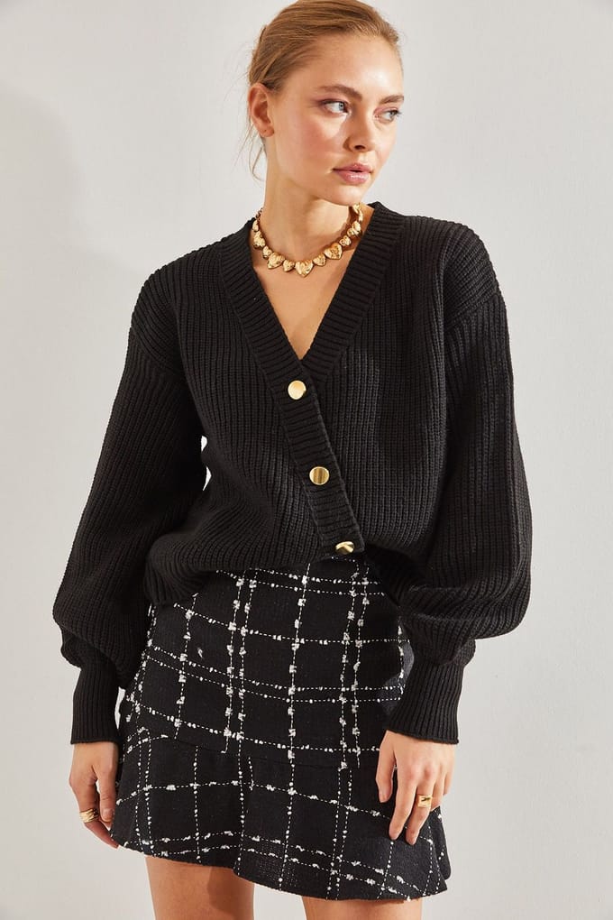 V-hals Korte Geribde Breisels Cardigan met Goudkleurige Knopen