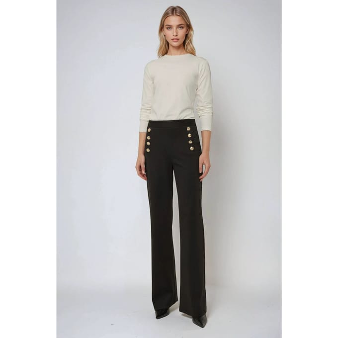 Hoge Taille Wijde Pantalon met Knopen Detail
