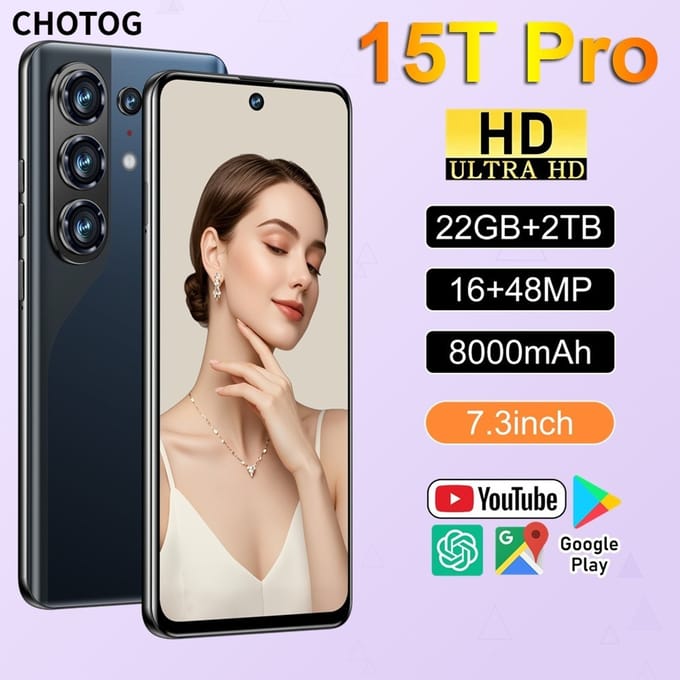 CHOTOG Mobiele Telefoons 15T Pro Smartphone Android 5G 7.3 HD Mobiele Telefoon 22GB+2TB 7800mAh Octa Core Ontgrendeld Dual SIM 16+48MP Camera