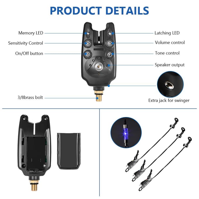 Visbeetmelders Set Digitale Visalarmset LED Alarm Indicator Alert Bell Vis Swinger set 2 zwart