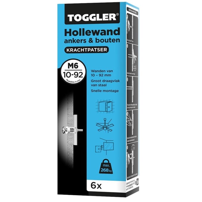 Toggler Hollewandanker M6 + bout doos 6st - Plaatdikte 10-92mm