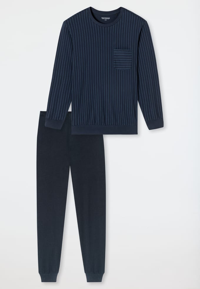 SCHIESSER Cotton Essentials Pyjama lang - heren pyjama set - donkerblauw gestreept
