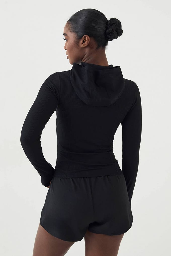 Dames DSGN Studio Ultra Sculpt Rib Ritssluiting Capuchon Sportjack | Zwart | Maat: XL
