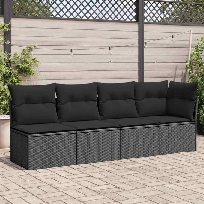 vidaXL - Tuinbank - met - kussens - 4-zits - zwart - poly - rattan