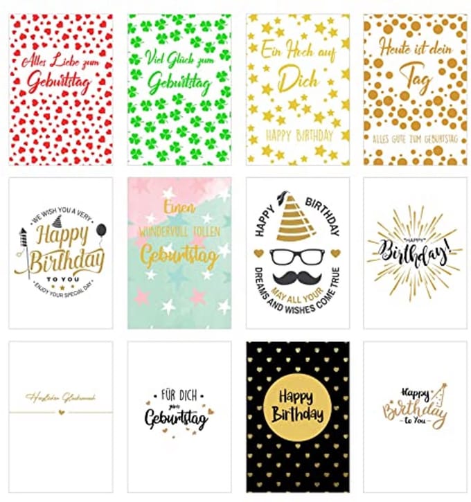 Set van 12 Premium Verjaardagskaarten met Envelop - Unieke Ontwerpen
