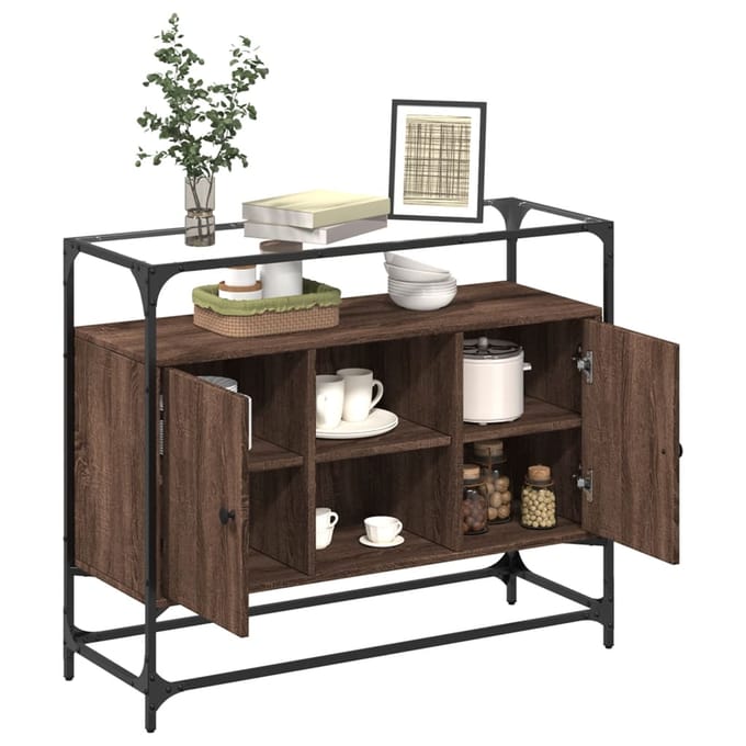 vidaXL - Dressoir - met - glazen - blad - 98x35x81 - cm - hout - bruin - eikenkleurig