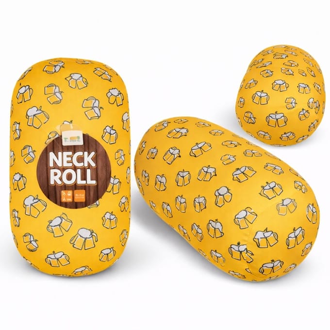 Nekkussen Rol Cheers Bier - 30 x 15 cm - Geel - Reiskussen met Micropelletvulling
