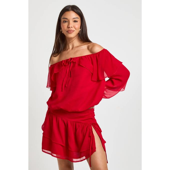 boohoo Dames Ruches Chiffon Rokje met Strikbandjes | Red | Maat: 6