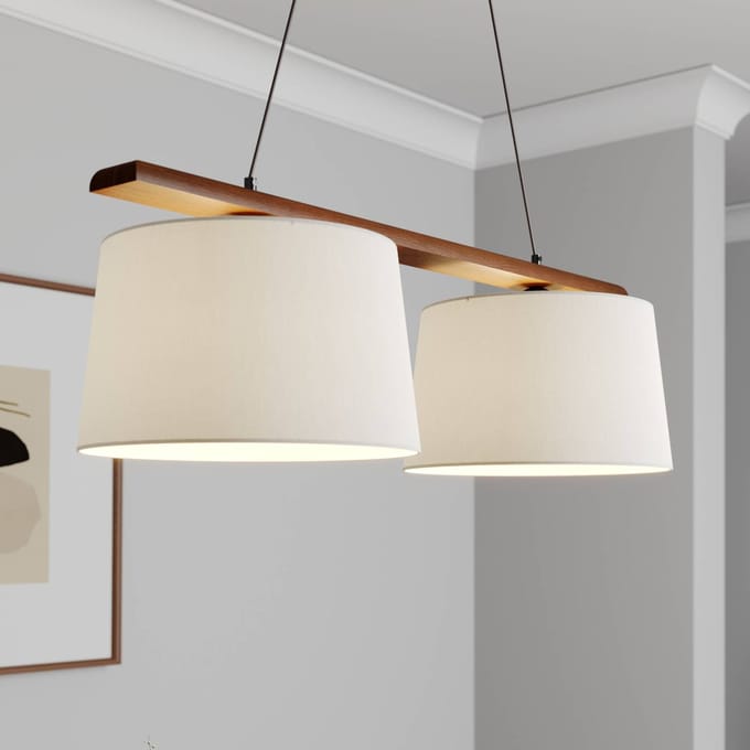 Lamkur Hanglamp Zweden, antiek wit, textiel, walnoot, 2-lamps