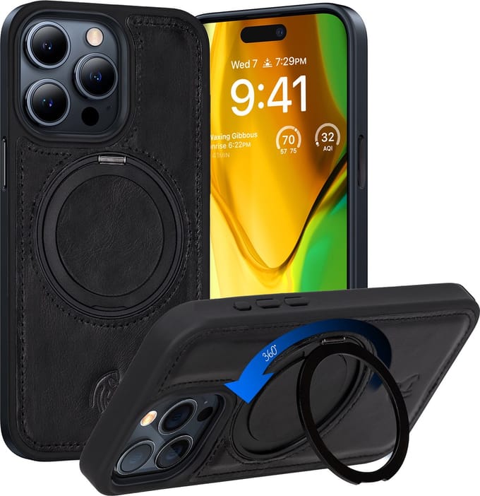 Pulledro hoesje geschikt voor iPhone 15 Pro Max leren BackCover met Kickstand & Keyring houder (Magsafe Compatibel) - Rustic Black