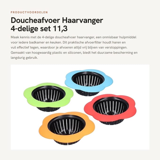 Dailygoods- Haarvanger 4-delig - Afvoerfilter - Doucheputje - Antislip - Plastic/Siliconen - 113x113x32mm