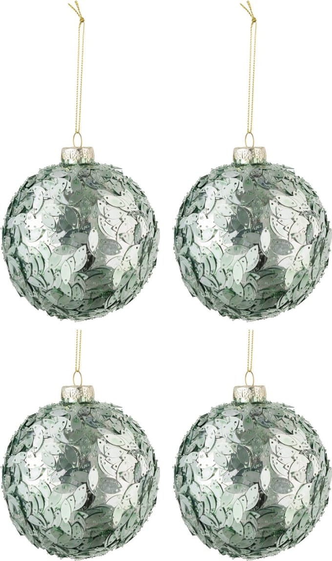J-Line kerstbal Pailletten - glas - licht azuur - medium - doos van 4
