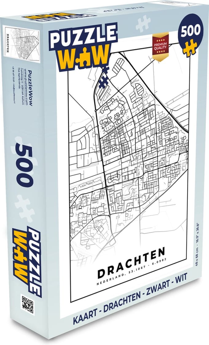 Puzzel Kaart - Drachten - Zwart - Wit - Legpuzzel - Puzzel 500 stukjes