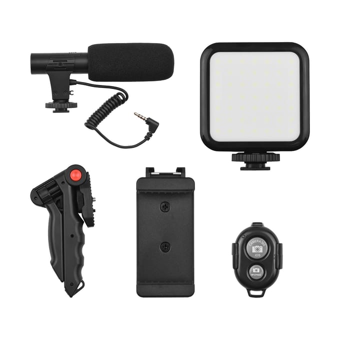 Andoer Phone Vlog Video Kit met tafelstatief Telefoonhouder met Cold Shoe Microfoon LED Video zwart