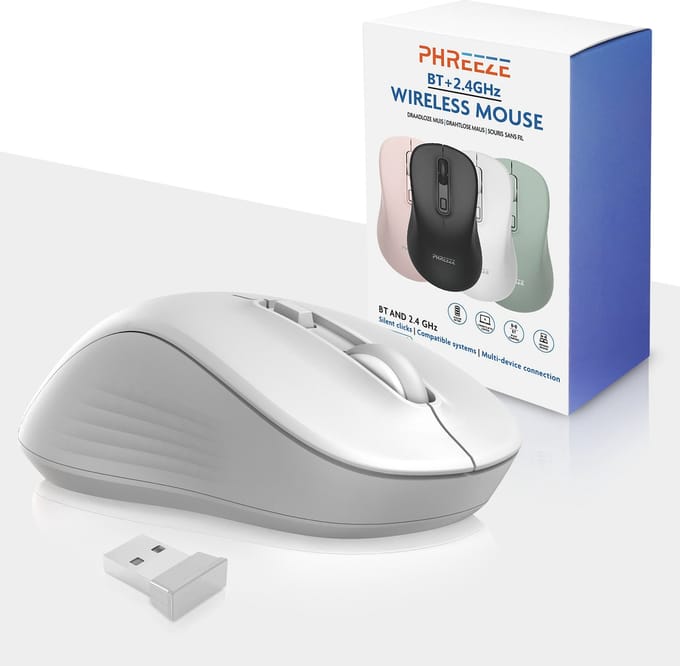Draadloze Muis met Stille Klik - Bluetooth & 2.4G Draadloos - Tweehandig - Voor Tablet, Laptop en Computer - Wit
