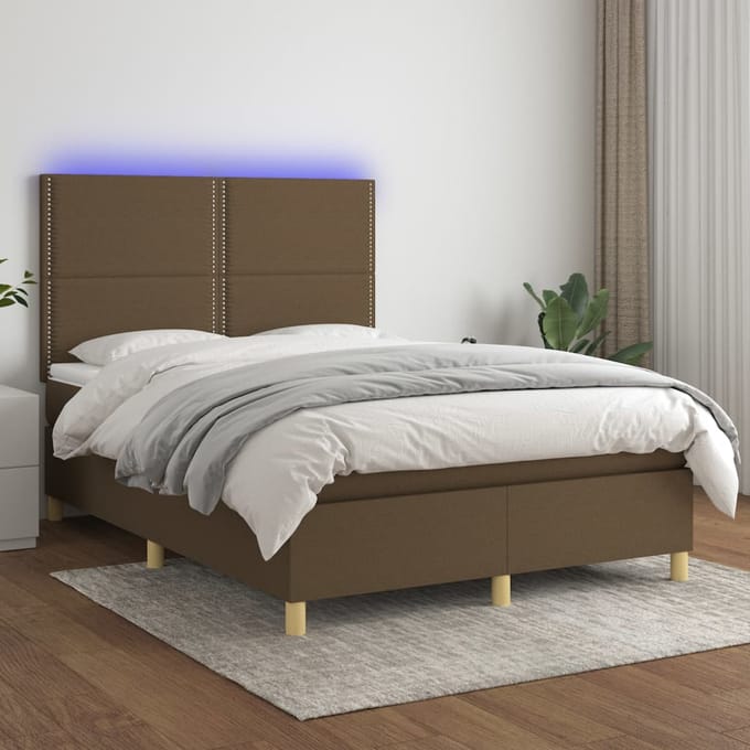 vidaXL - Boxspring - met - matras - en - LED - stof - donkerbruin - 140x200 - cm
