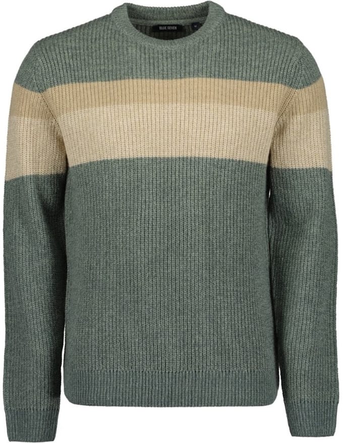 Blue Seven - Trui 376496 groen/camel streep ronde hals - maat M