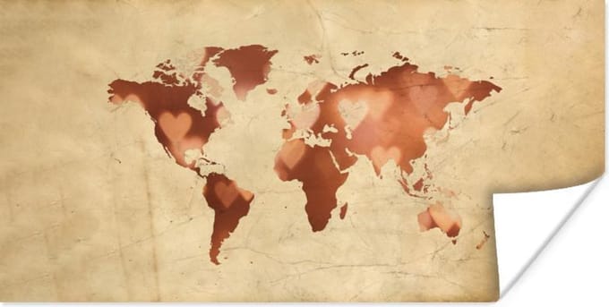Wereldkaarten - Wereldkaart - Brons - Harten - 160x80 cm