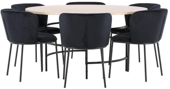 Copenhagen eethoek tafel Ø140cm en 6 stoelen whitewash, zwart.
