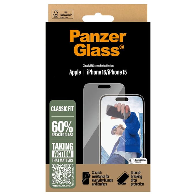 PanzerGlass Screenprotector geschikt voor Apple iPhone 16 Glazen | PanzerGlass Classic Fit Screenprotector - Case Friendly