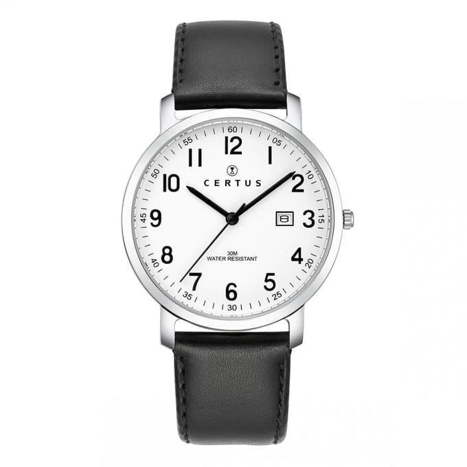 Certus-Duidelijk heren horloge-Datumaanduiding-Zwart lederen band.