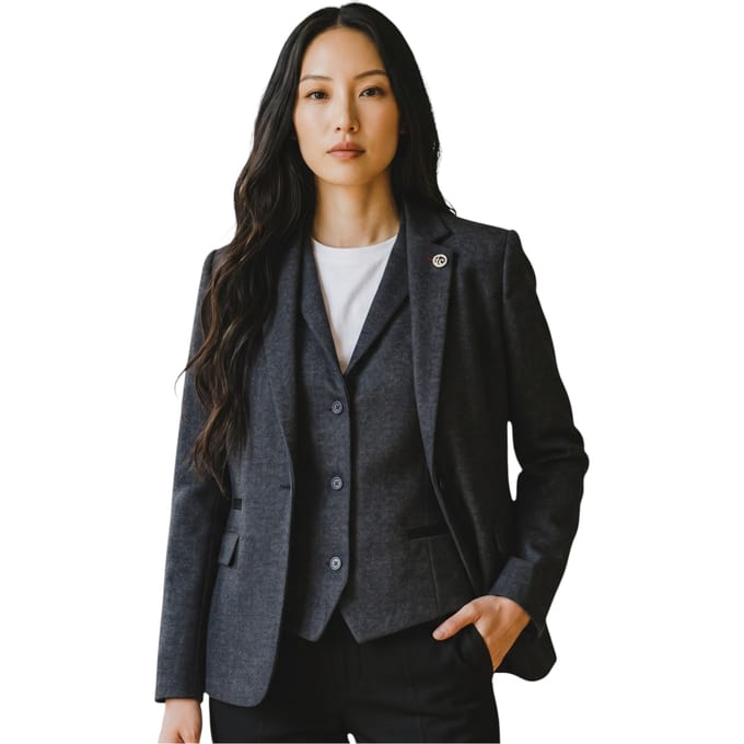 Dames zwarte visgraat wollen tweed blazer vest 2-delig set - WS-1