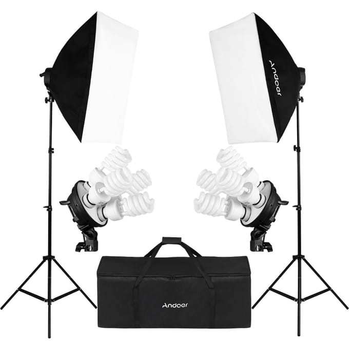 Andoer Studio Fotoverlichtingsset met 2 * Softbox / 2 * 4in1 Lampfitting / 8 * 45W Lamp / 2 * Licht UK Plug