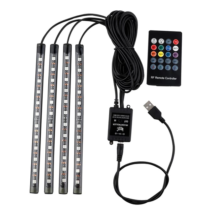 Auto LED-stripverlichting, 4 stuks 36 LED DC 12V Multicolor Muziek Auto USB Interieurverlichting LED Onder Dashboard USB