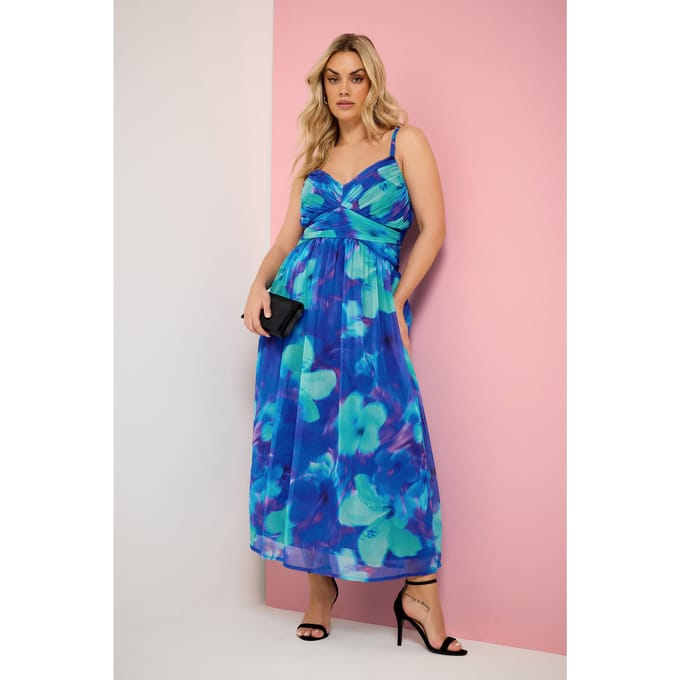 Yours London Blauwe Chiffon Maxijurk Met Bloemenprint Size 46