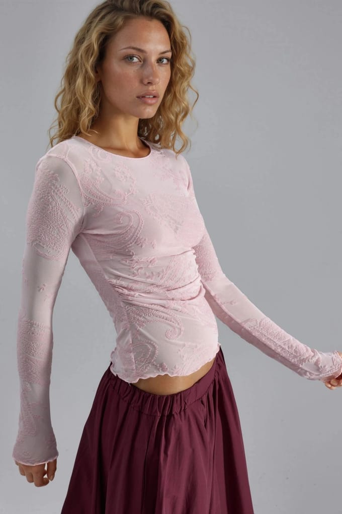Aansluitende Blouse van Tulle met Lange Mouwen en Flockprint