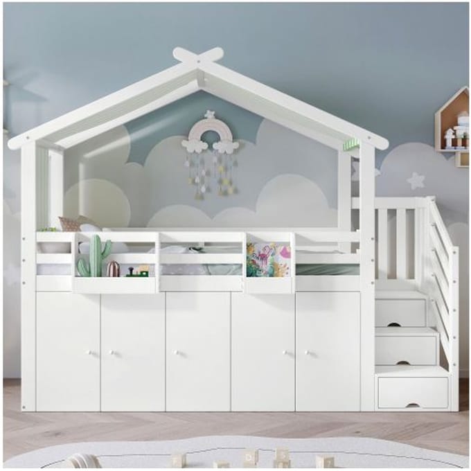 Lits superposés - MUVOE - 2 places - Blanc - Avec barrières de sécurité - Rangement intégré