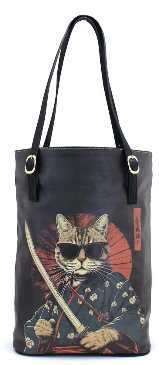 Goby Samurai Cat – Dames Tassen – Schoudertas – Handtas met Rits – Vegan Leer – Handgemaakt