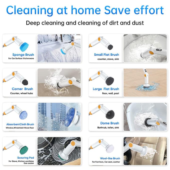 Brosse rotative électrique avec 8 têtes de brosse, brosse de nettoyage sans fil, 3 poignées réglables, IPX7 white