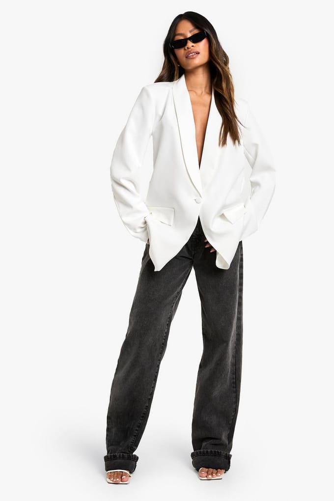 boohoo Dames Shoulder Pad Plunge Oversized Blazer | Ivory | Maat: 8