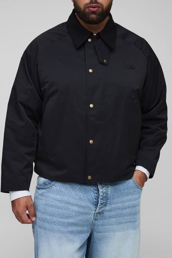 Plus Cord Collar Embroidered Worker Jacket | Black | Size 2XL