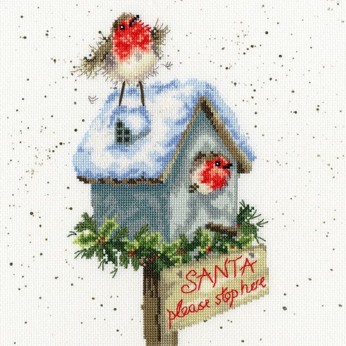 Bothy Threads Borduurpakket Santa Please Stop Here - Roodborstjes in de sneeuw