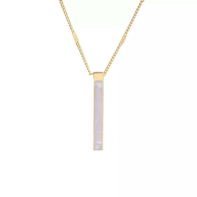 Elegante edelsteen ketting van staal en schelpje in een gouden frame hanger